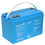 Top-down view of Amptron BluEdge 12V 100Ah battery showing terminals