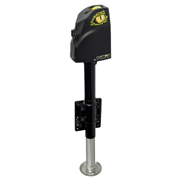 Front view of Coast RV Gator 12V trailer jack with clamp attached