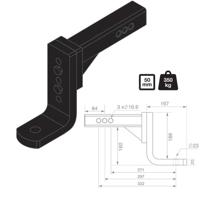 TAG Adjustable Tow Ball Mount - 297mm Long  90 degree Face 50mm Square Hitch