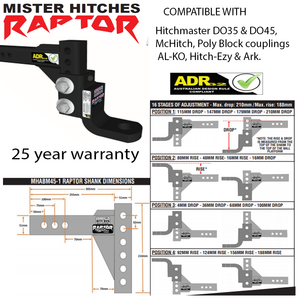 Raptor 4.5T Adjustable 8" Drop Hitch Tow Tongue 7/8" 1-1/4" Ball Pin