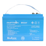 Amptron 12V LiFePO4 battery with Bluetooth label close-up